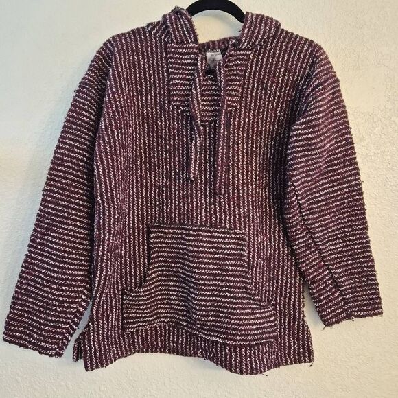Unisex Blanket Sweater Baja Hoodie Poncho: Beautiful Maroon & Navy Blue: XXS - Picture 2 of 4